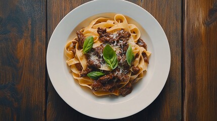 Poster - Top view of a plate of delicious pasta with beef, parmesan cheese, and basil on a wooden table.