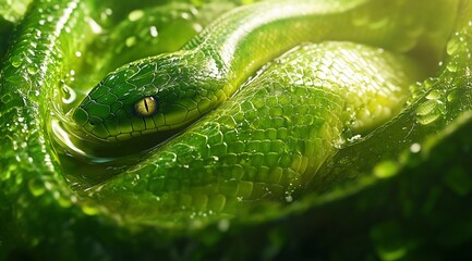 Poster - Close-up of a green snake coiled in lush foliage, sunlight illuminating its scales and eye.