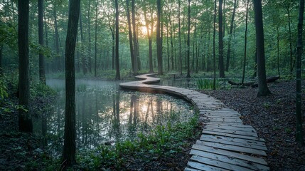 Poster - Serpentine wooden boardwalk meanders through misty dawn forest, reflecting sunlight on calm water.