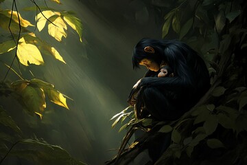 Aufkleber - A mother chimpanzee tenderly cradles her baby amidst sunlit jungle foliage.