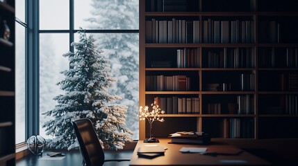 Poster - Cozy home office with snow-covered tree, bookshelves, and desk during winter.