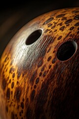Aufkleber - Close-up of a dark brown wooden bowl with two holes, showing intricate wood grain and texture.