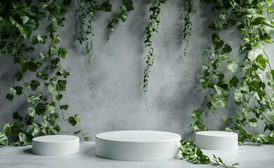 Aufkleber - Three white cylindrical podiums against a textured grey wall adorned with lush green ivy vines, creating a natural, minimalist display.