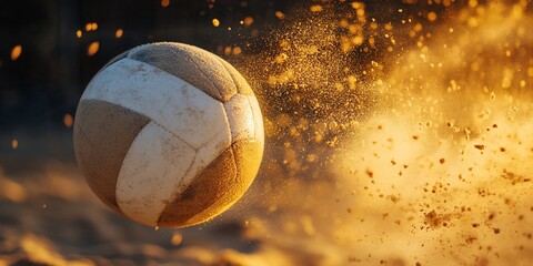 Aufkleber - Dirty volleyball flying through sand, sunlit, dynamic action shot.