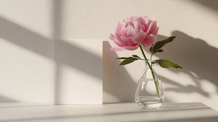 Aufkleber - Pink peony in glass vase with blank card, sunlight shadows on white background.