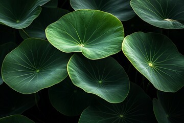 Poster - Lush green lotus leaves, close-up view, overlapping, natural texture, dark background.