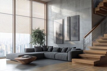 Aufkleber - Modern loft apartment interior with large windows, sectional sofa, wooden staircase, and city view.