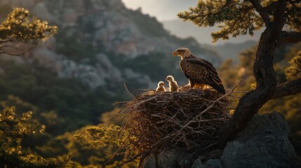 Poster - Majestic eagle with its chicks in a nest atop a rocky mountain at sunset.