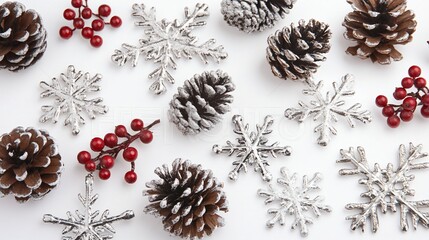 Aufkleber - Festive winter flat lay with pine cones, snowflakes, and holly berries on white background.