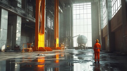 Poster - A lone worker in an industrial building's vast interior, standing amidst large machinery and reflective floors.