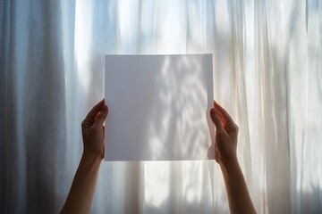 Poster - Hands holding blank white paper against sunlit sheer curtains, showing leaf shadows.