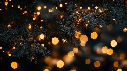 Poster - Festive evergreen branches adorned with warm, glowing lights, creating a bokeh effect.
