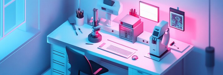 Aufkleber - Isometric view of a futuristic workspace with computer, microscope, and other devices, illuminated with pink and blue lighting.