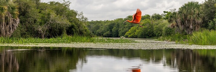 Poster - Scarlet ibis in flight over tranquil river, lush green vegetation, cloudy sky.