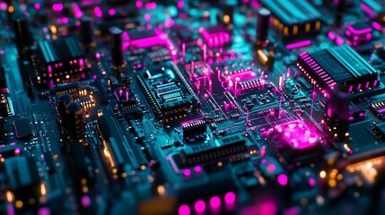 Aufkleber - Close-up of a complex circuit board with glowing pink and blue components.