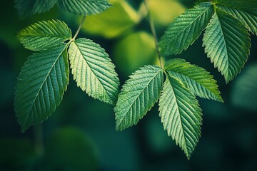 Poster - Close-up of vibrant green leaves with intricate vein patterns against a dark background.
