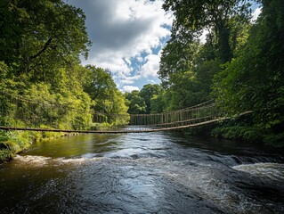 Poster - Rustic rope bridge spans a lush river in a verdant forest.