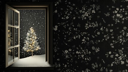 Poster - Snowy Christmas tree scene viewed through an open window at night.