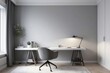 © Nirwasita - Frosty White Study Room Design With Grey Painted Wall, one chair