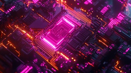 Poster - Abstract digital circuit board with glowing neon pink and orange lines.