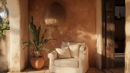 Poster - Sunlit patio with armchair, plant, and hanging lamp.