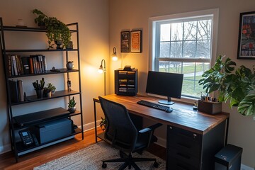 Poster - Cozy home office with desk, computer, plants, and bookshelf near window.