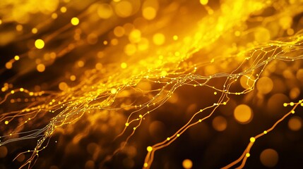 Poster - Abstract golden glowing particles and lines forming a dynamic wave pattern on dark background.