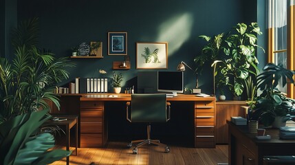 Poster - Sunlit home office with wooden desk, green plants, and computer.