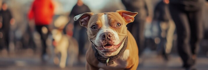 Poster - Happy brown and white dog looking at the camera in a blurry city background.