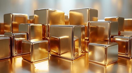 Poster - Golden cubes reflecting light on metallic surface.