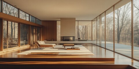 Poster - Sunlit minimalist living room with large windows overlooking a wooded landscape.