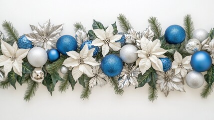 Poster - Festive Christmas garland with silver and blue ornaments, poinsettias, and pine.