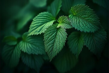 Leinwandbilder - Lush green leaves with detailed texture and vein patterns, close-up shot in low light.