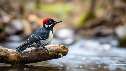 Poster - Pileated woodpecker perched on a log near a stream.