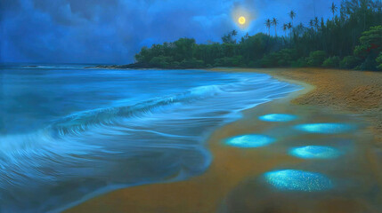 Sticker - Serene Beach with Bioluminescent Waves