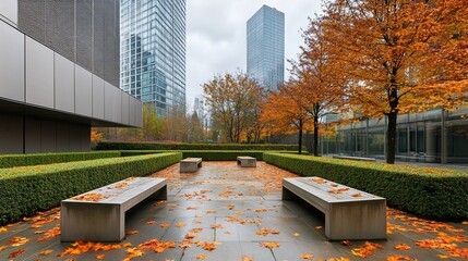 Poster - Autumnal city park with benches, fallen leaves, and modern skyscrapers in the background.