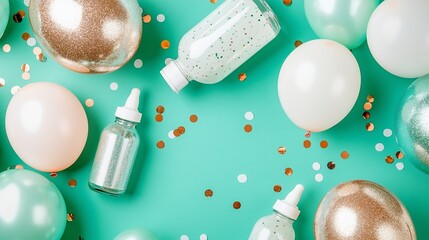 Poster - Pastel balloons, glitter bottles, confetti on teal background; baby shower, birthday party concept.