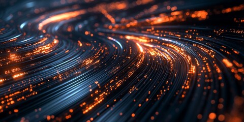 Poster - Abstract swirling lines with glowing orange particles.