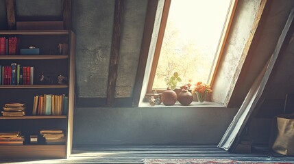 Poster - Sunlit attic room with bookshelf, window, and plants.