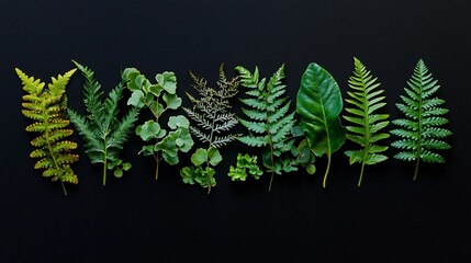 Poster - Flat lay of various green leaves arranged in a row on a black background.