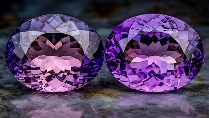 Aufkleber - Two vibrant oval amethyst gemstones, showcasing purple hues and intricate faceting, displayed on a marble surface.
