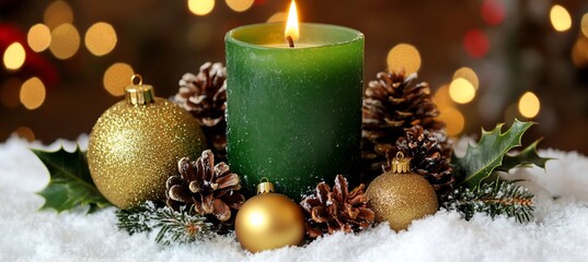 Poster - Green candle with gold ornaments and pine cones in snow.