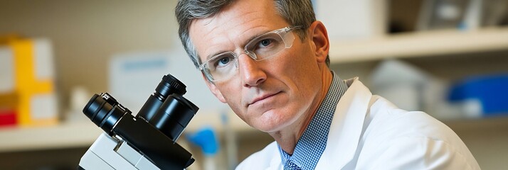 Poster - Serious scientist in lab coat using a microscope.