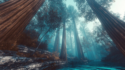 Wall Mural - Towering Redwoods in a Foggy Forest