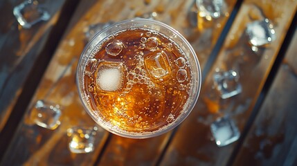 Poster - Iced drink in plastic cup with ice cubes on wooden table.