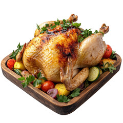 Isolated roasted chicken with herbs and colorful vegetables