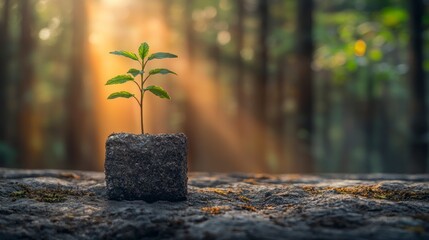 Wall Mural - Sprout on rock, light burst, forest behind