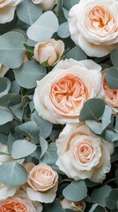 Aufkleber - Various pastel-hued roses bloom gracefully, surrounded by soft green eucalyptus leaves. The gentle arrangement evokes a sense of calm and beauty, enhancing any space with elegance