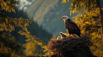 Aufkleber - Bald eagle and chick in nest, mountains background.
