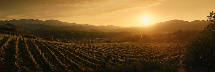 Poster - Sunset over vineyard rows in mountainous region.